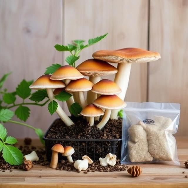 Mushroom grow kit with cluster of brown cap mushrooms in black tray, substrate bag, and green herbs on wood surface