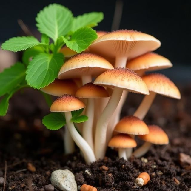 Cluster of small brown mushrooms growing from dark soil beside green leafy plant in a mushroom grow kit